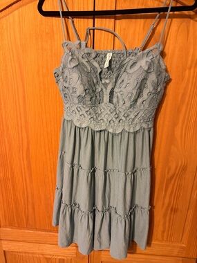 Women’s Lace-Detail Spaghetti Strap Tunic Dress Tank Dusty Blue